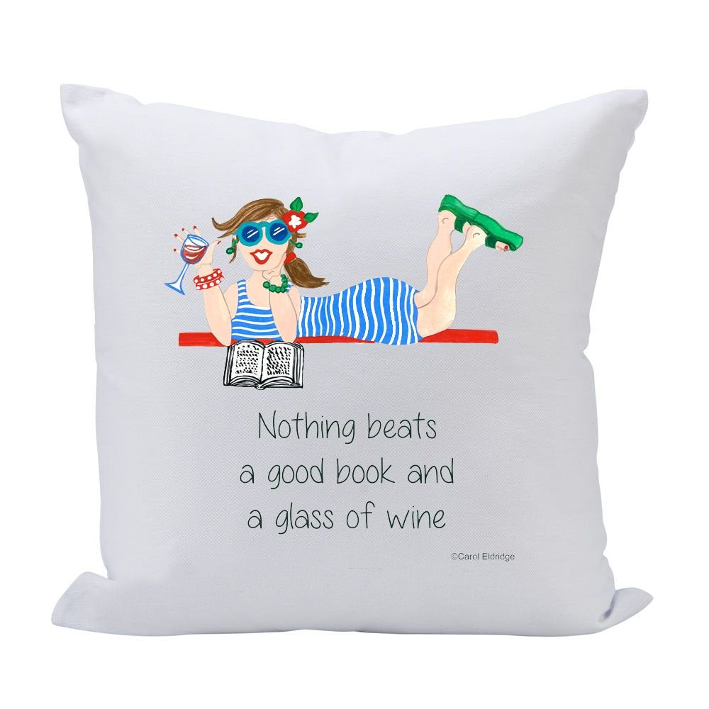 (D) Sofa Throw Pillow, White with Women Holding Wine Glass Print 16'' Funny Gift