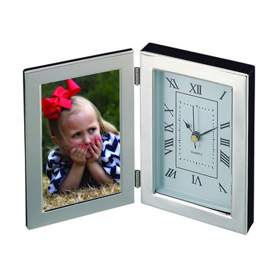(D) Silver Table Clock with Photo Frame, Roman Numerals, Battery Operated