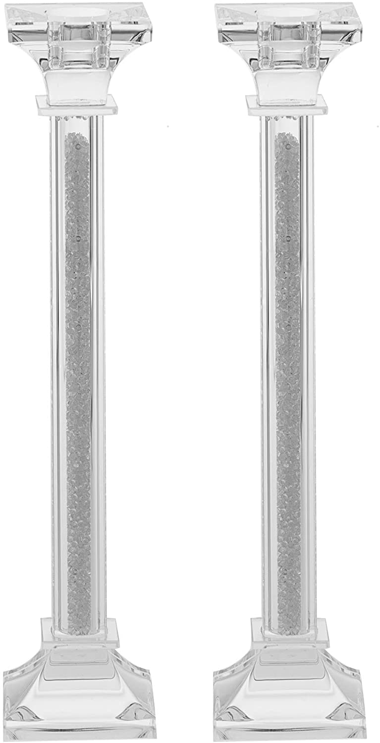 (D) Pair of Judaica Candlestick Crystal Silver Candle Holders 2 Pc (10'')