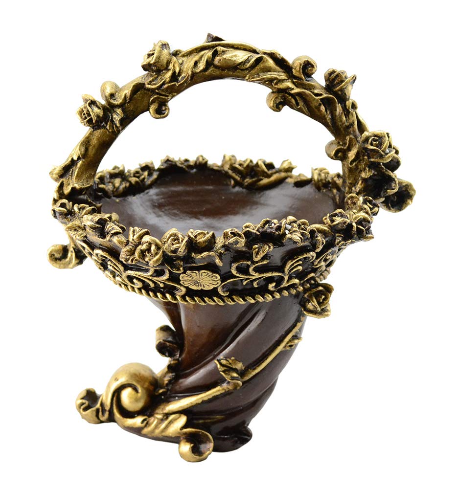 (D) Cornucopia Style Bowl with Handle Decorated with Gold Flowers 11 x 12 Inches