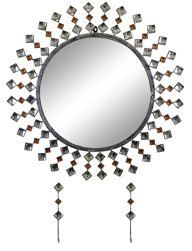 (D) Modern Round Wall Mirror with Key Chain Holders and Swarovski Crystal