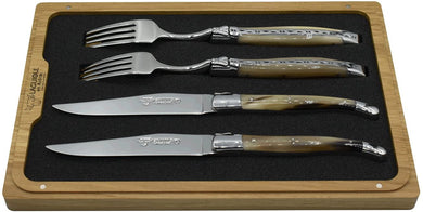 (D) Laguiole 4 Piece Set, 2 Steak Cutlery Set and 2 Forks (White Solid Horn Handles)