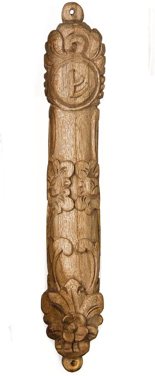(D) Judaica Wood Teak Mezuzah Case Brown with Carved Flowers (7 inch)