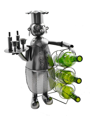 (D) Wine Bottle Holder, Chef Holding 3 Bottles, Bar Decor or Wine Cellar Decor