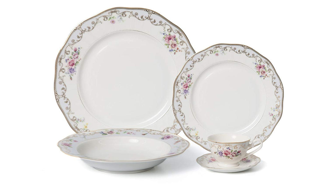 Royalty Porcelain 20-pc Dinner Set for 4, 24K Gold, Bone China (Romantic Bloom)