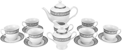 17 Piece Tea or Coffee set Greek Key Ornament, Fine Porcelain (Silver)