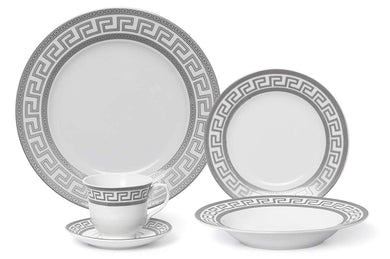 Royalty Porcelain 5-pc Famous Vintage Platinum Greek 'Silver Greek' Dinner Set for 1, Premium Bone China