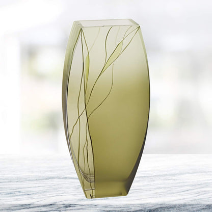 (D) Handcrafted 'Evergreen' Decorative Crystal Glass Flower Vase 12.5", Luxury European Design