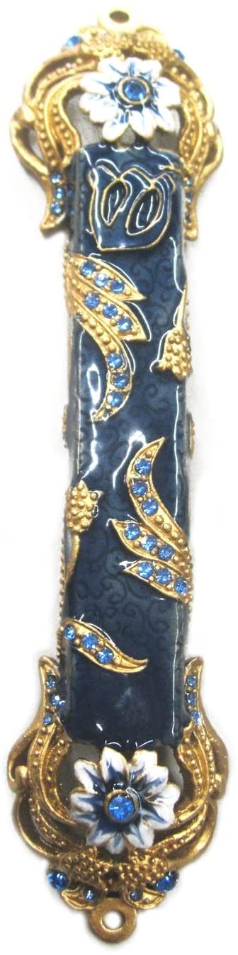 (D) Judaica Metal Mezuzah Case Blue White with Crystal (Gold)