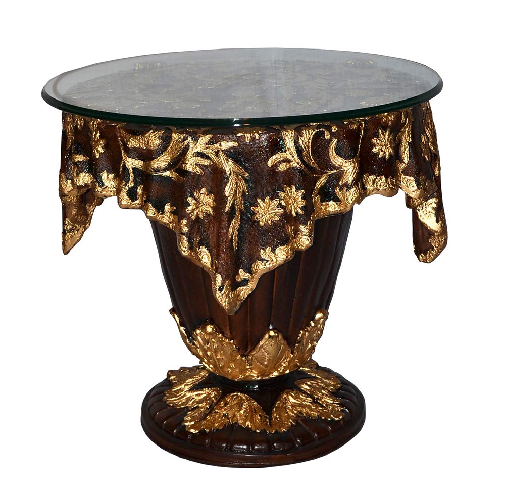(D) Baroque Style Gilt Stand with Glass Top on Flat Base with Floral Decor