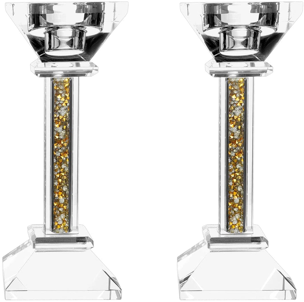 (D) Judaica Crystal Candlesticks with Stones Candle Holder (6.3'', Gold Silver)
