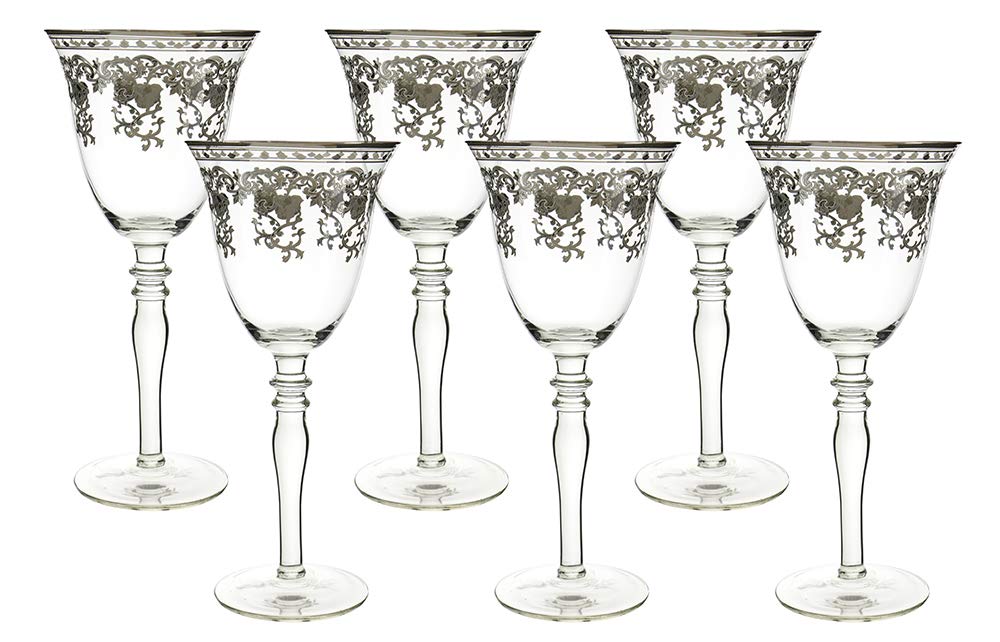 (D) Crystal Wine Stem Glasses with Luxury Silver Decoration 6-pc Set, Glassware