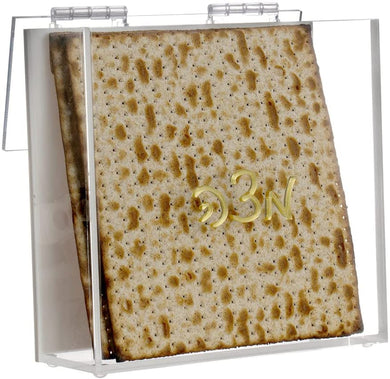 (D) Judaica Lucite Matzah Box Holder Modern Style with Lid (Gold)