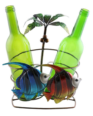 (D) Wine Holder for 2 Bottles, Palm Tree, Red and Blue Fishes, Bar Decoration