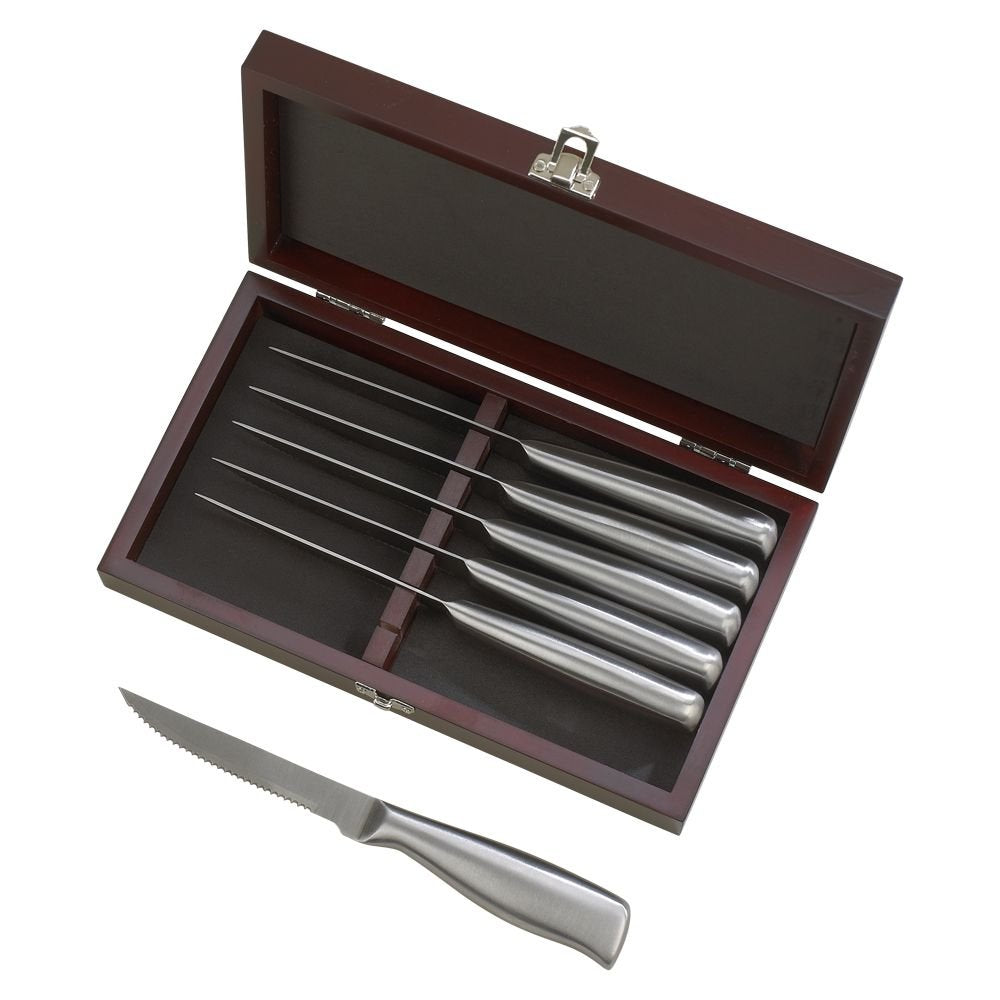 (D) Stainless Steel Handmade Steak Kitchen Knife Set 6-pc in Wooden Case