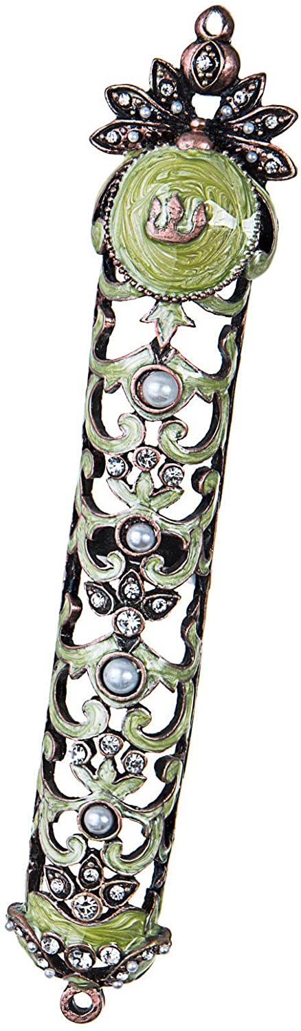 (D) Judaica Jeweled Mezuzah Lime Green with Pearls for Door 6.5''