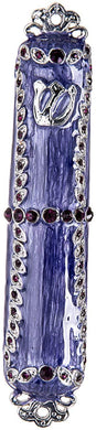 (D) Judaica Mezuzah Case with Stones Enamel 4.5'' (Purple)