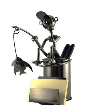 (D) Metal Fisherman Pen and Business Card Holder for Desk Industrial Style