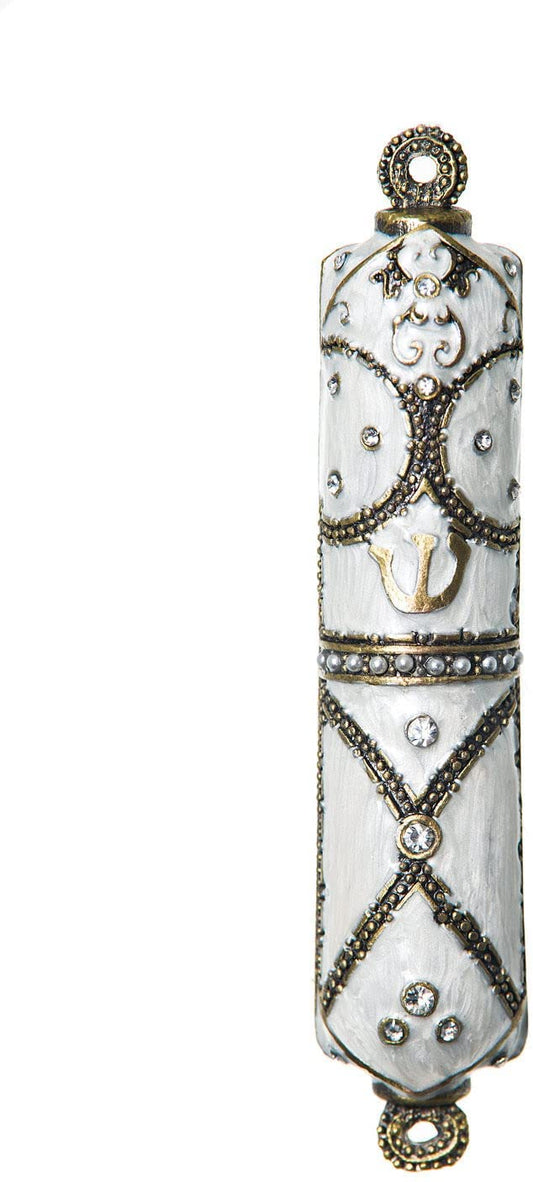 (D) Judaica White Enameled Jeweled Mezuzah with Stones for Door