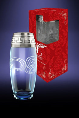 Crystal Goose GX8, 10-Inch Glass Vase with Platinum-Plated Greek Key Design Rim, Decorative Flower Vase with Platinum Rim, Gift Box