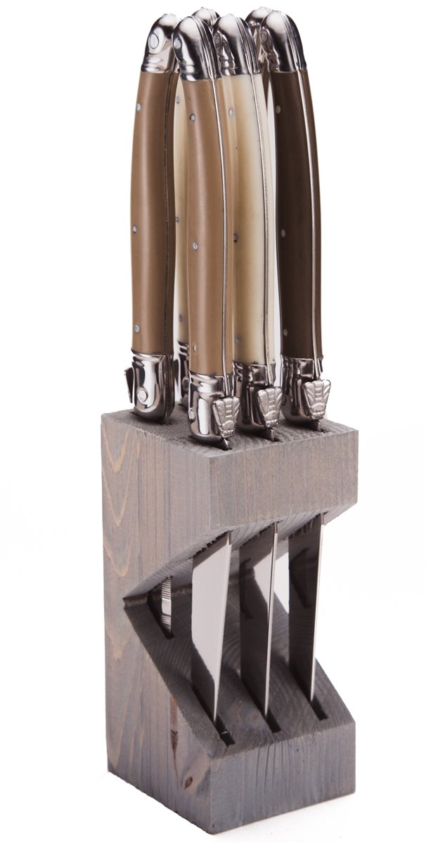 (D) Laguiole French Hand Made Steak Knives Linen Handles in a Wood Block Vintage