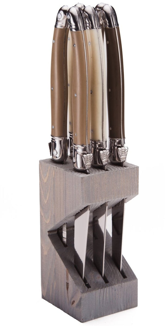 (D) Laguiole French Hand Made Steak Knives Linen Handles in a Wood Block Vintage