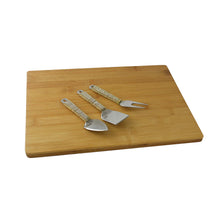 (D) Bamboo Cheese Board, Wooden Board with Silver Knife, Fork 4-pc Gold Crystals