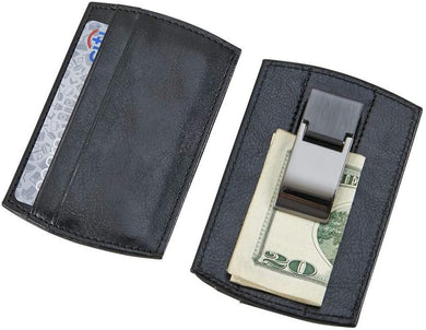 (D) Black Leatherette Money Clip and Business Card Holder for Men 4.25 Inch