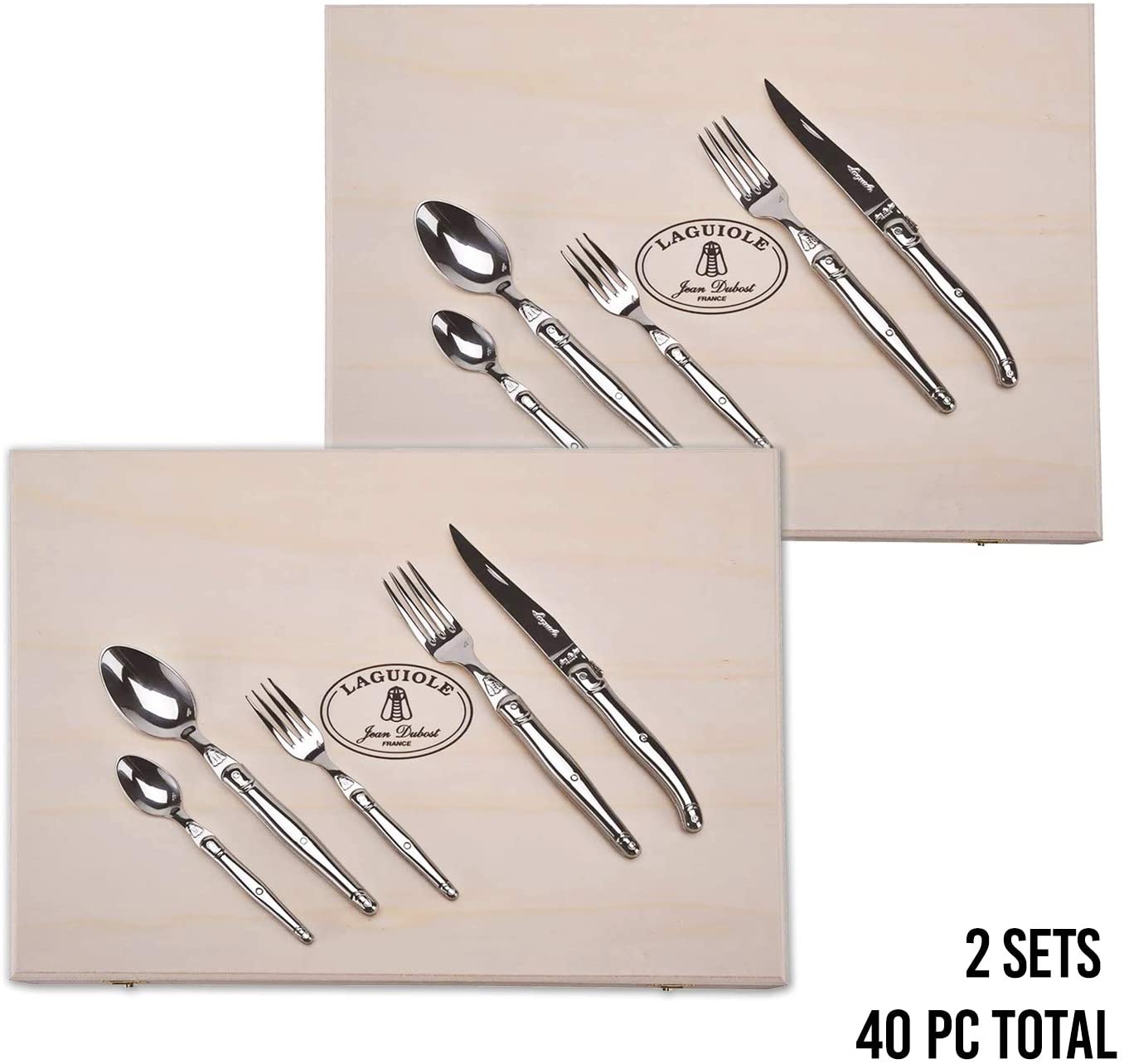 Laguiole Jean Dubost stainless steel flatware 2-pack presented in an elegant clasp gift box