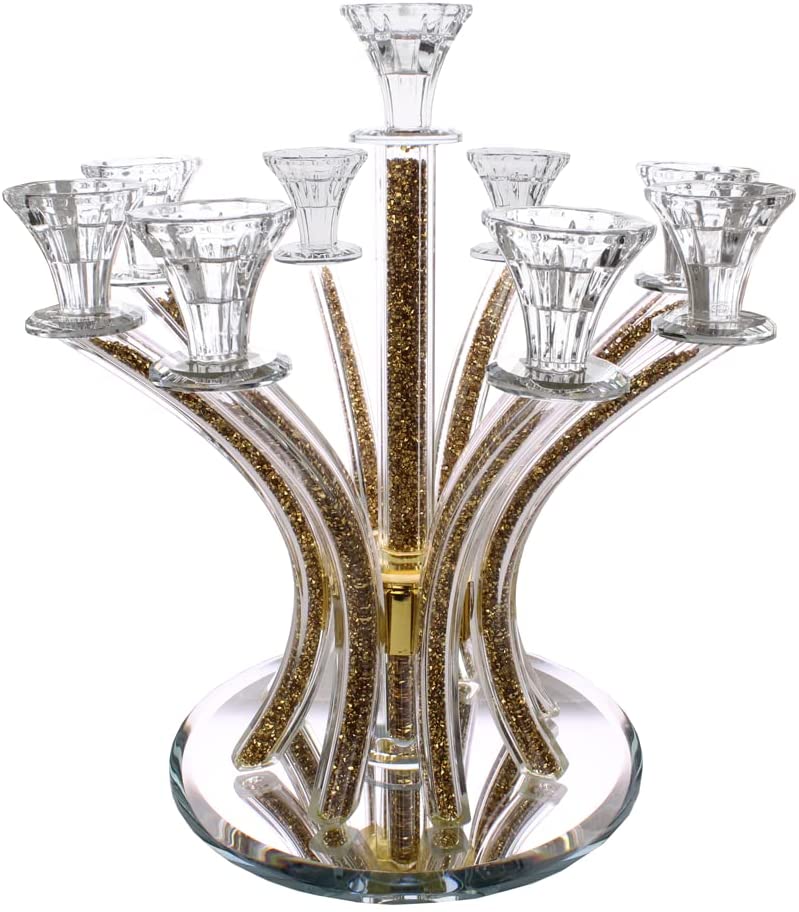 (D) Judaica Crystal Candelabra with Stones 9 Arms Candle Holders (Gold)