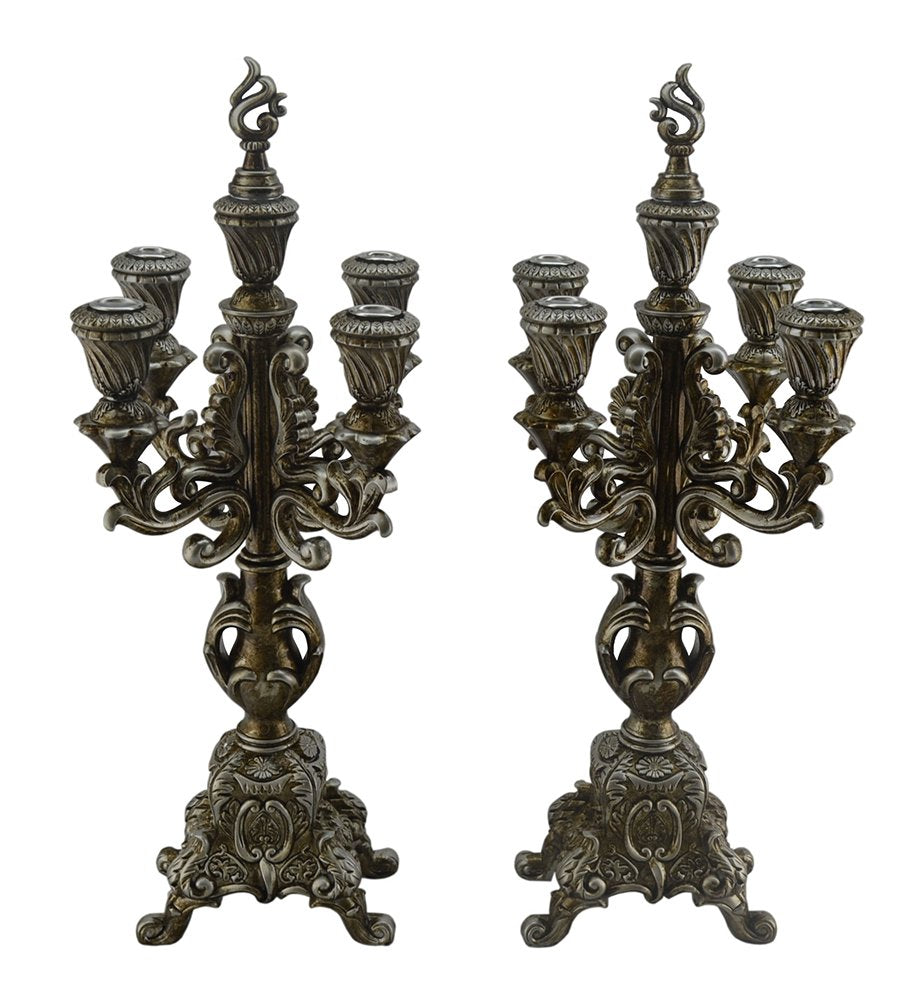(D) Set of 2 - pc Original Black Silver Baroque Candle Holders 15"