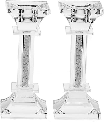 (D) Pair of Judaica Candlestick Crystal Silver Candle Holders 2 Pc (6.5'')