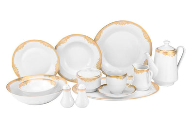 Royalty Porcelain 57 pc Dinnerware Set with Gold Floral Ornament, Bone China