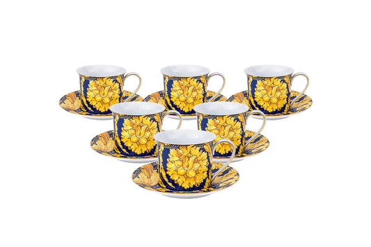 Royalty Porcelain Luxury Tea or Coffee Cup Set, 24K Gold (12 PC, Floral Blue)