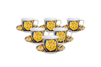 Royalty Porcelain Luxury Tea or Coffee Cup Set, 24K Gold (12 PC, Floral Blue)