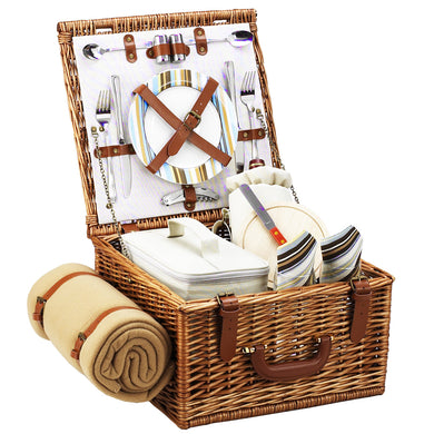 (D) Cheshire Picnic Basket for 2 with Blanket, Equipped for Outdoor (Green Strips)