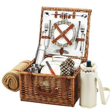 (D) Cheshire Basket for 2, Coffee Set and Blanket, Picnic Backpack Bag (Brown)