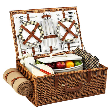 (D) Dorset Picnic Basket for Four with Blanket, Picnic Backpack Bag (Brown)