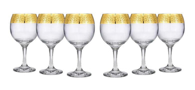 Elegant Crystal Wine Goblet Stem Glasses 6-pc, Greek Key 'Antique Greek', Hand Blowed