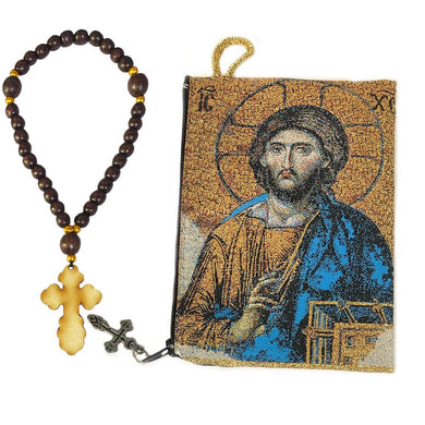 Gifts Plaza (D) Jesus Prayer Pouch - 2 Sided With Wooden Prayer Beads (Christ of Agio Sophia 33 Beads 2)
