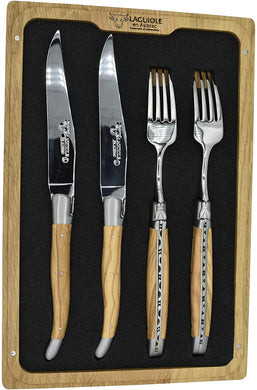 (D) Laguiole 4 Piece Set, 2 Steak Cutters and 2 Forks (White Olivewood Handles)