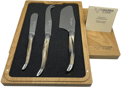 (D) Laguiole 3-Piece Cheese Cutter Set with Bone Handles in a Box (Solid Horn)