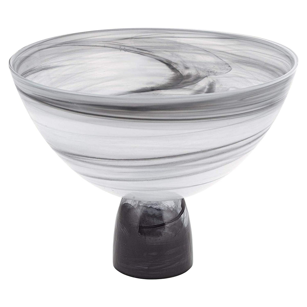 (D) Elegant Alabaster Glass Black and White Round Bowl Footed on Base 10 Inches