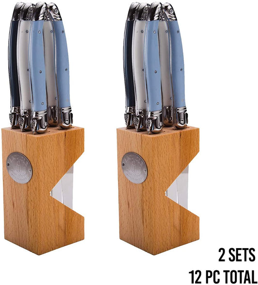 (D) Laguiole Knife Block Set Stainless Steel Steak Cutlery Set White Blue 2 PACK