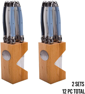 (D) Laguiole Knife Block Set Stainless Steel Steak Cutlery Set White Blue 2 PACK