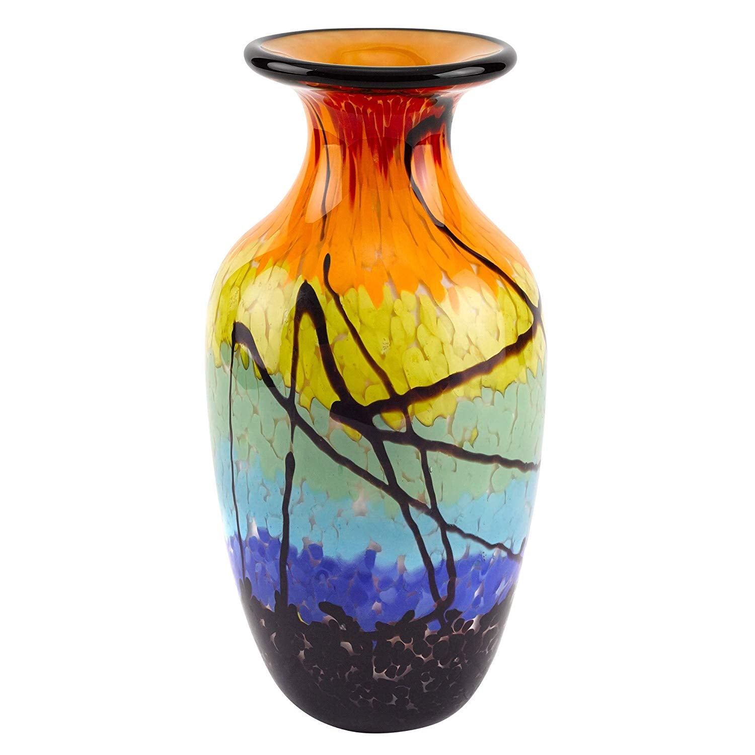 Allura Murano Art Rainbow-Colored Glass Decorative Urn Flower Vase 10.5in