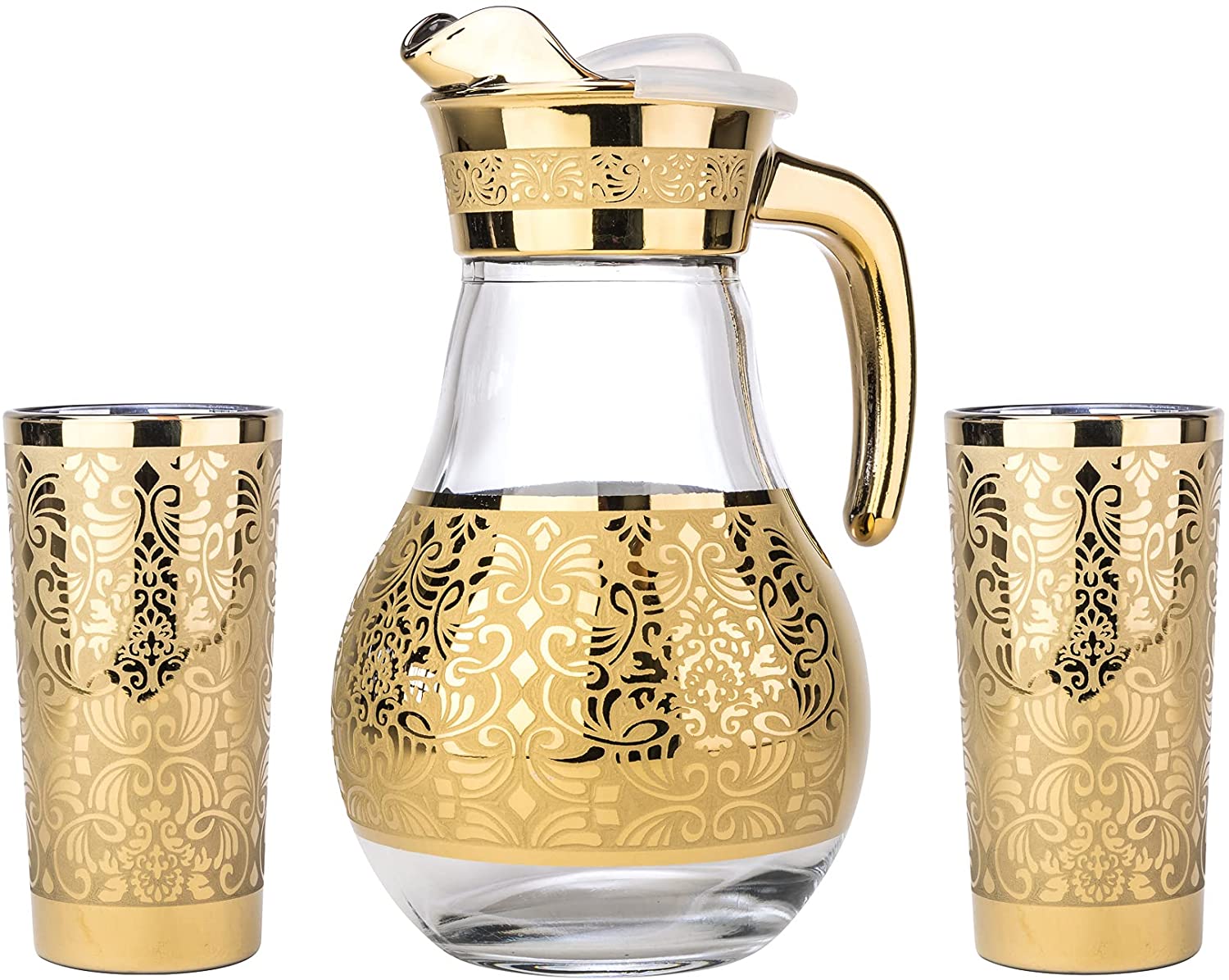 Pitcher and 2 Beverage Tumblers 3-pc Set, Gold Flower Design