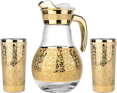 Pitcher and 2 Beverage Tumblers 3-pc Set, Gold Flower Design