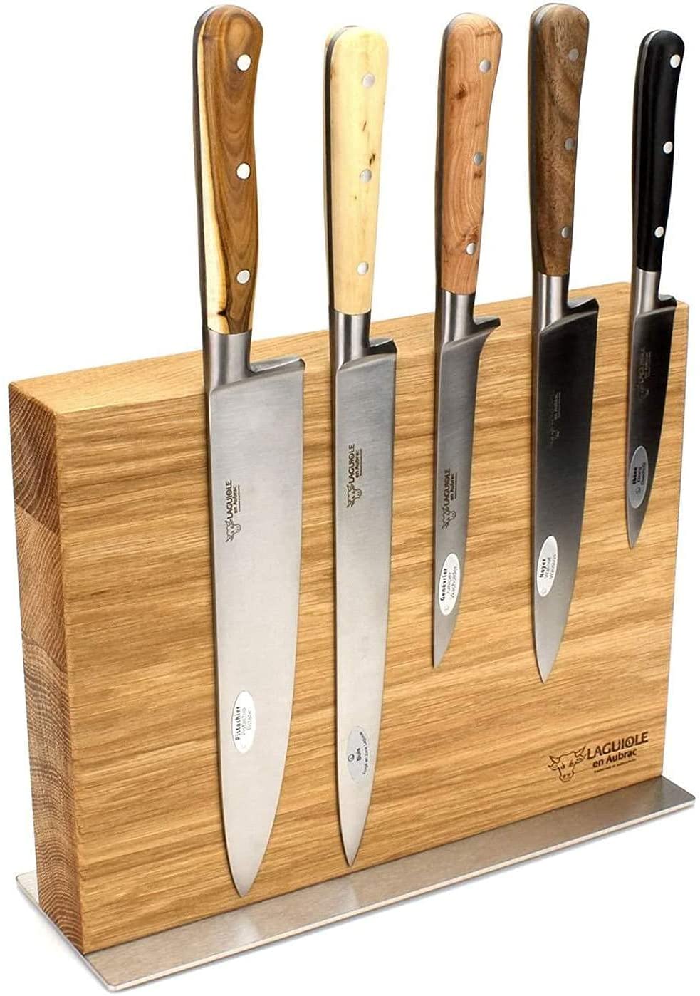 (D) Laguiole 6-Piece Kitchen Cutlery Set on Magnetic Oak Block (Mixed Wood)