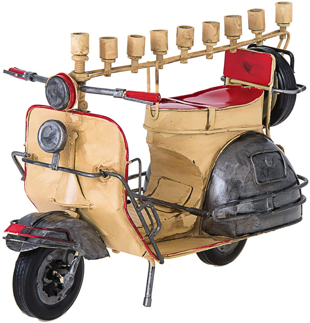 (D) Judaica Moped Menorah Channukah Holiday Decor Beige 9''